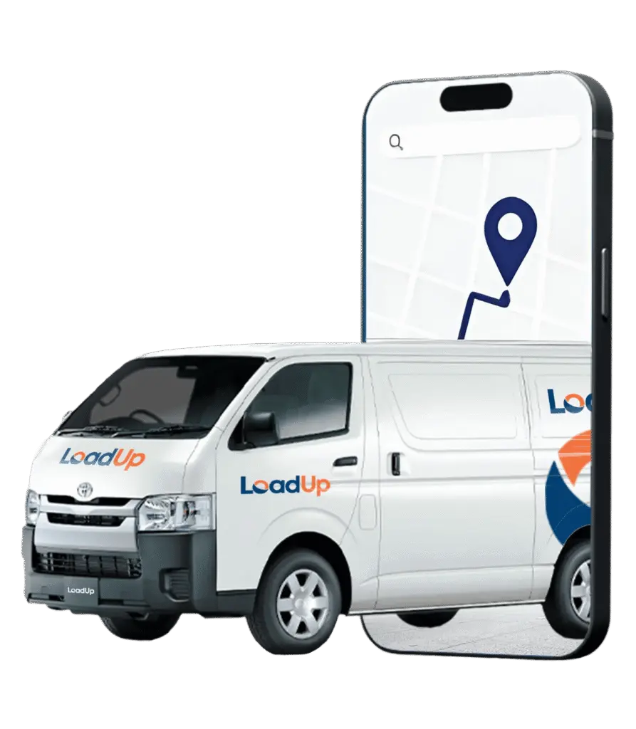 LoadUp van in front of a phone showing the LoadUp app map
